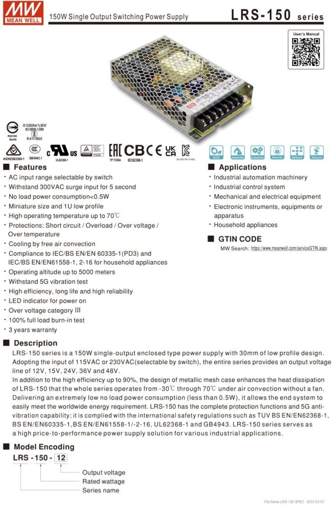 Nguồn Meanwell LRS-150-24 24VDC-6.5A