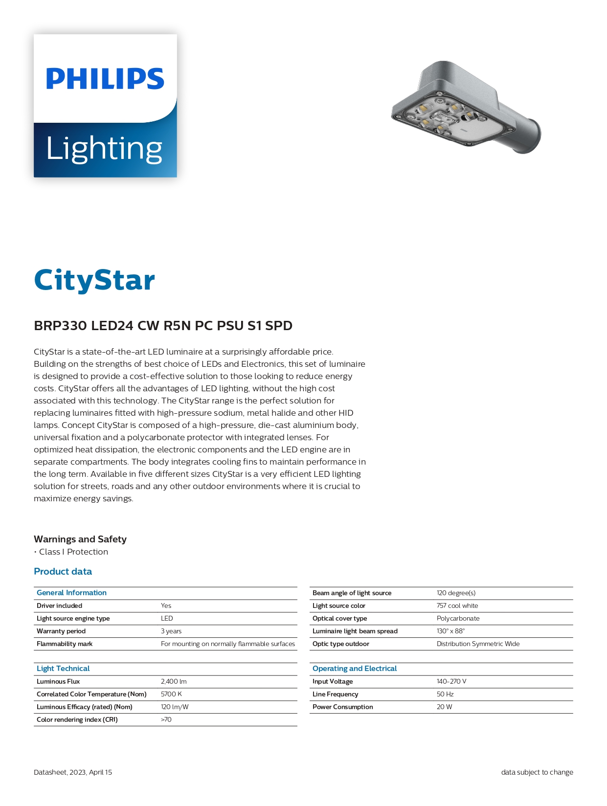 Đèn đường LED Philips BRP330 LED24 CW R5N PC PSU S1 SPD VN